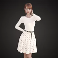 Woman Wearing White Long Sleeve Dress With Polka Dots And Black Belt On Black Background 3d model