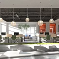 Modern Public Office Space With Green Chairs Computers Hanging Lights And Geometric Floor