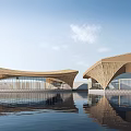 Modern Curved Wooden Architecture Design With Waterfront Reflection And Blue Sky
