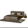Modern Double Bed With Beige Upholstered Headboard Pillows Blanket And Side Rug