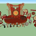 Traditional Chinese Musical Instruments And Art Supplies With Red Drums Multiple Art Tools And Lanterns