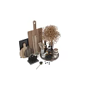 Tableware Set With Wooden Cutting Boards Spoons Teapot Vase Dried Flowers And Marble Background
