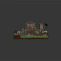 Cartoon Scene Of Rustic Thatched Roof Cottage With Green Grass Flowers And Wooden Ladder