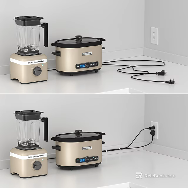 Modern Household Appliances Blender And Golden Electric Cooker On White Countertop 3d model 