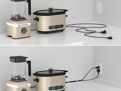 Modern Household Appliances Blender And Golden Electric Cooker On White Countertop 3d model