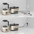 Modern Household Appliances Blender And Golden Electric Cooker On White Countertop