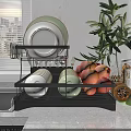 Functional Bathroom Cabinet Rack With Stacked Plates Cups Fresh Fruits And Potted Plant
