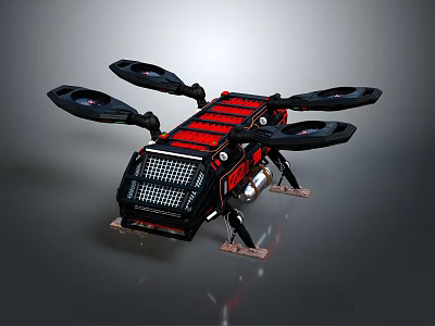 Red and Black Four Rotor Drone With Propellers And Landing Gear Structure Design 3d model