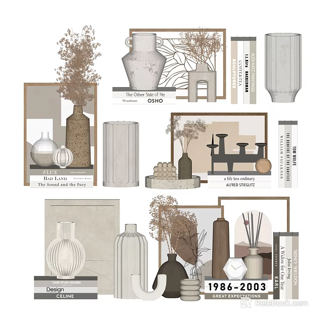 Modern Home Decorative Ornament Set with Vases Dried Flowers and Frames 3d model 