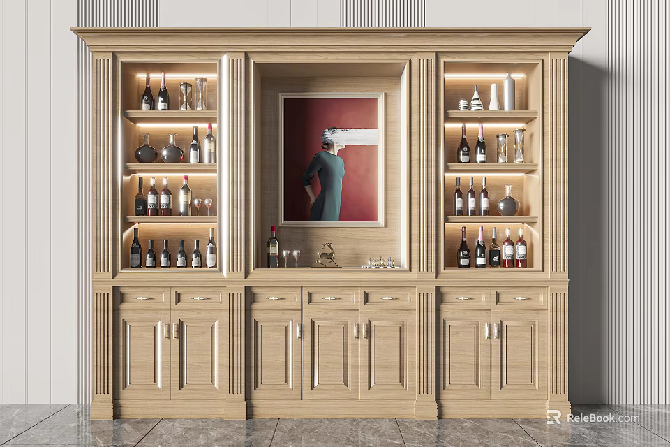 Elegant Wooden Wine Cabinet With Multi Tiered Shelves Bottles Glassware Decorative Painting Drawers and Cabinets 3d model 