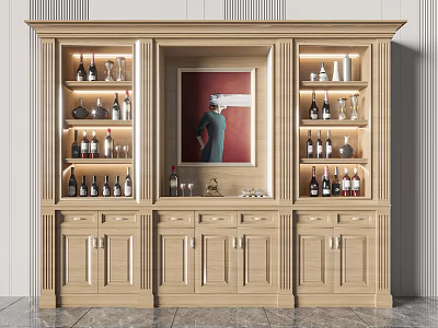 Elegant Wooden Wine Cabinet With Multi Tiered Shelves Bottles Glassware Decorative Painting Drawers and Cabinets 3d model