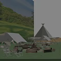 Scenic Camping Site With White Tents Green Grass Trees And Wooden Tables