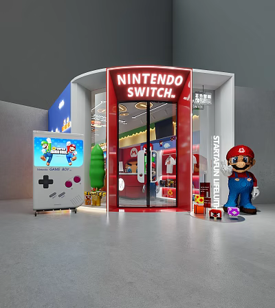 Nintendo Switch Retail Store Featuring Mario Character Display Vintage Game Controller And Merchandise 3d model