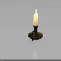 Burning White Candle On Decorative Metal Candlestick With Curved Handle And Tray
