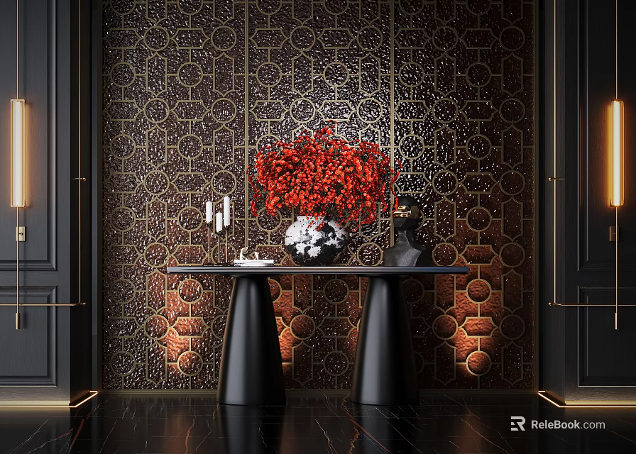 Modern Console Table with Red Floral Arrangement White Vase Candles Against Dark Geometric Patterned Wall 3d model 