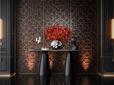 Modern Console Table with Red Floral Arrangement White Vase Candles Against Dark Geometric Patterned Wall 3d model