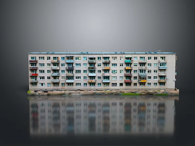 Cartoon Scene of Multi Storey Apartment Building with Colorful Balconies White Walls Green Grass and Reflection 3d model