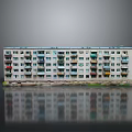 Cartoon Scene of Multi Storey Apartment Building with Colorful Balconies White Walls Green Grass and Reflection