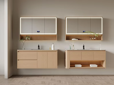 Modern Bathroom Vanity Cabinet With Light Wood Finish Mirror Storage Drawers Sink And Toiletries 3d model