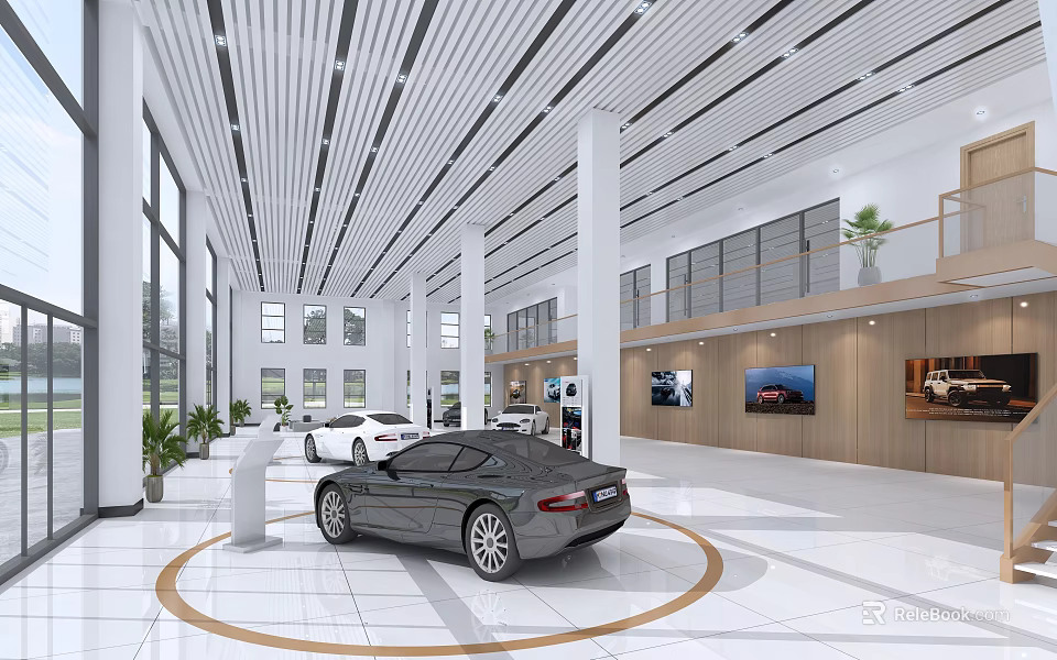 Spacious Modern Car Dealership Interior With Luxury Car Display And Bright Lighting 3d model 