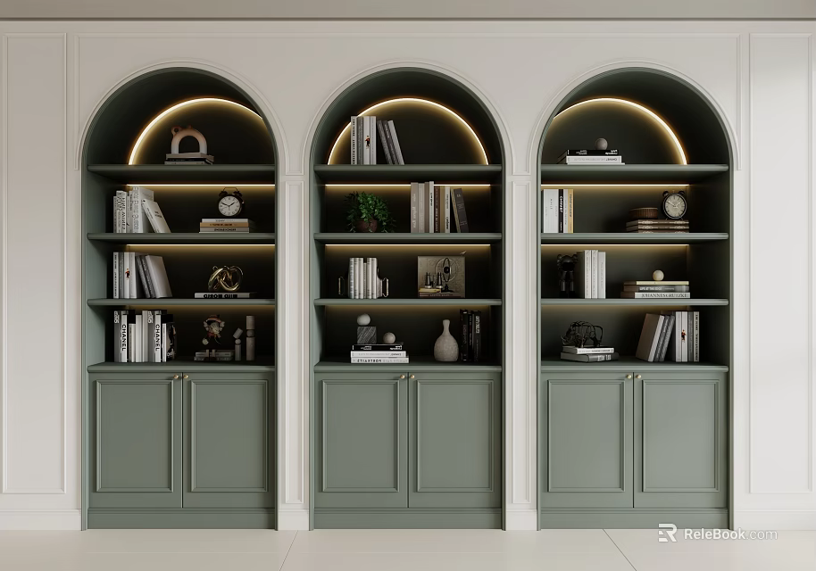 Modern Green Arched Bookcases With LED Lighting Books And Decorative Items 3d model 