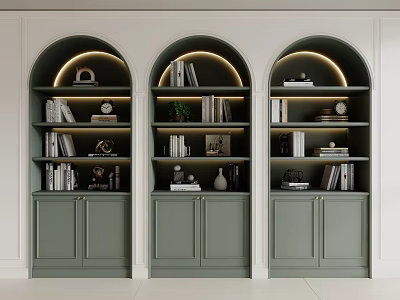 Modern Green Arched Bookcases With LED Lighting Books And Decorative Items 3d model