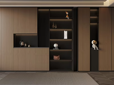 Modern Light Luxury Wooden Wardrobe With Open Shelves And Decorative Ornaments 3d model