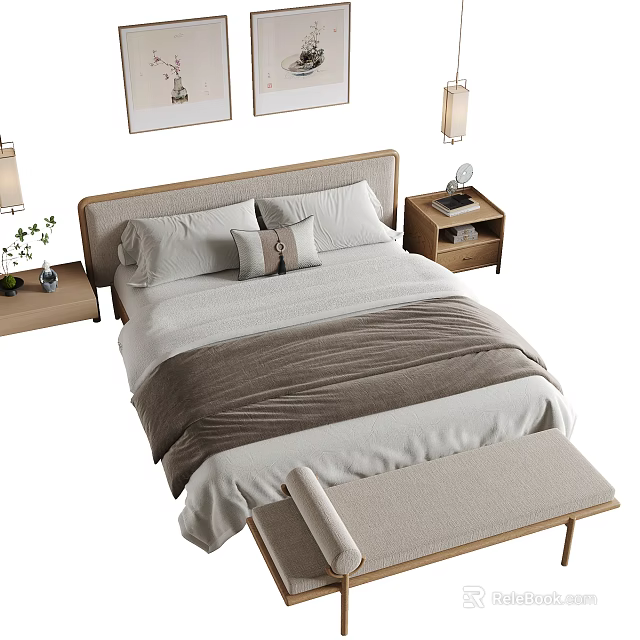 Modern Minimalist Double Bed With Bedside Tables Lamps Decorative Paintings And Footstool 3d model 