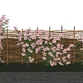 Beautiful Garden Landscape With Bamboo Fence And Pink Flowers On Grass Lawn