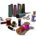 Essential Sewing Supplies Including Colorful Thread Spools Scissors Needles And Thimbles 3d model