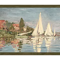 Vintage Sailboat Painting With White Sails Reflections On Water And Shore Buildings Trees