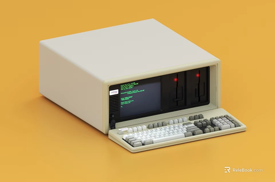 Vintage Computer with Screen Displaying Green Text and Built in Floppy Disk Drives and Keyboard 3d model 