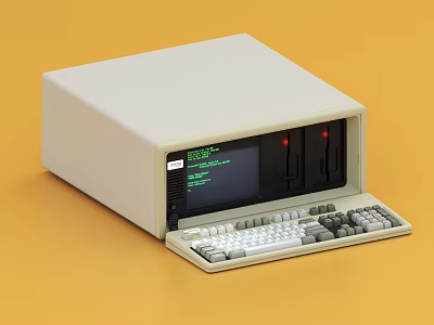 Vintage Computer with Screen Displaying Green Text and Built in Floppy Disk Drives and Keyboard 3d model