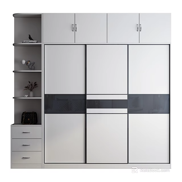 Modern White Wardrobe Design With Sliding Doors Side Shelves And Drawers 3d model 