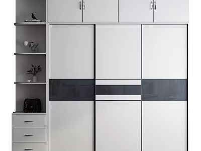 Modern White Wardrobe Design With Sliding Doors Side Shelves And Drawers 3d model