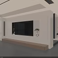 Modern TV Wall Interior Design With Wooden Cabinet Embedded Screen And Decorative Plant