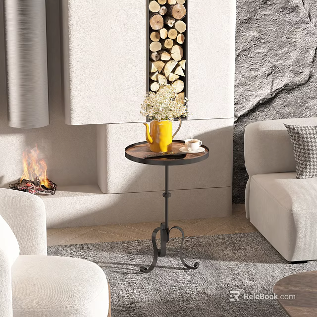 Round Wooden Side Table With Metal Stand In Living Room With Sofa Fireplace And Vase 3d model 