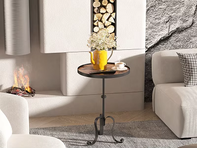 Round Wooden Side Table With Metal Stand In Living Room With Sofa Fireplace And Vase 3d model
