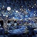 Luxurious Blue Runway With Curved Designs Gold Lines White Lights and Flower Decorations
