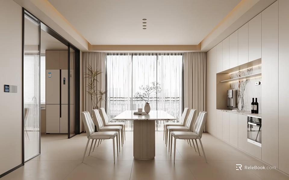 Modern Dining Room With White Cabinets Dining Table Chairs Large Windows And Plants 3d model