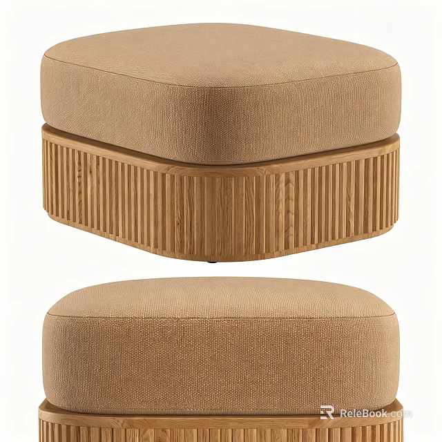 Modern Beige Upholstered Sofa Stools With Fluted Natural Solid Wood Base For Cozy Living Room 3d model 