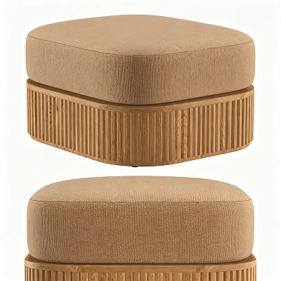Modern Beige Upholstered Sofa Stools With Fluted Natural Solid Wood Base For Cozy Living Room 3d model