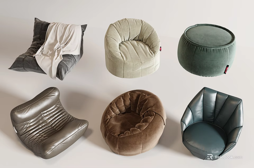 Various Design Modern Comfortable Bean Bag Chairs In Different Colors And Materials 3d model 