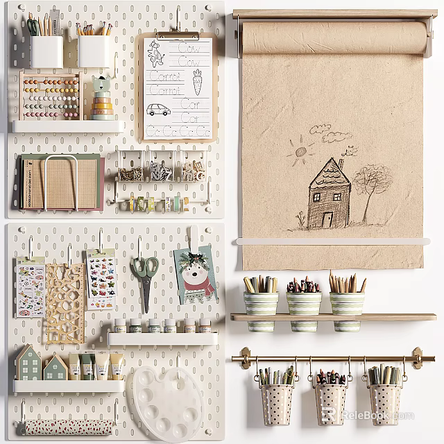 Creative Wall Decor with Pegboard Hooks Hand Drawn Art and Hanging Storage Shelves 3d model