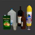 Assorted Wine Bottles and Glassware with Fruit Juice Vinegar Soft Drink and Measuring Cup