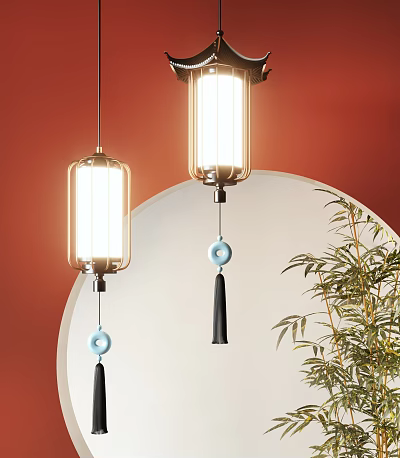 Chinese Glass Shade Pendant Lights With Blue Pendant And Black Tassel Against Orange Wall Bamboo 3d model