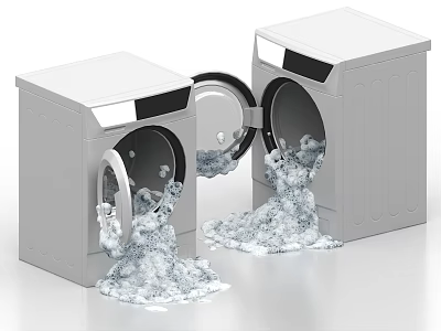 Two Front Load Washing Machines with Open Doors and Foam Overflowing During Efficient Cleaning Cycle 3d model