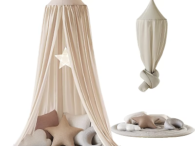 Cozy Kids Bed With Beige Canopy Star Decoration Various Shaped Pillows And Round Mat 3d model