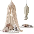 Cozy Kids Bed With Beige Canopy Star Decoration Various Shaped Pillows And Round Mat