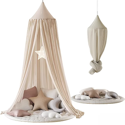 Cozy Kids Bed With Beige Canopy Star Decoration Various Shaped Pillows And Round Mat 3d model